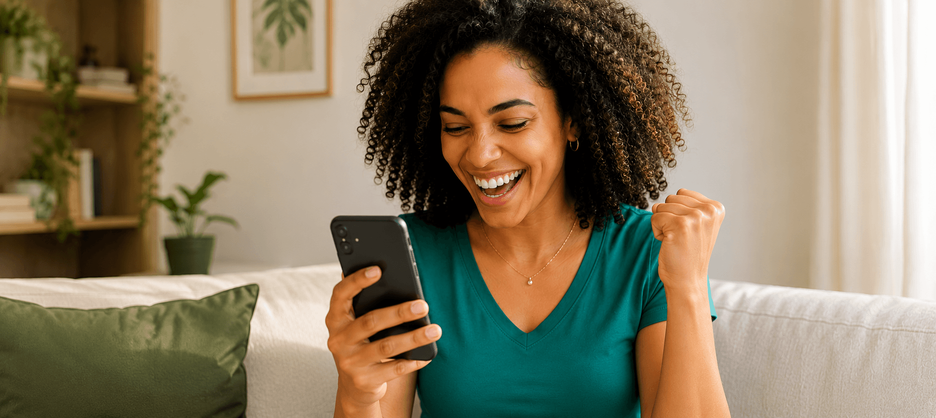 Mulher com celular na mão comemorando o prêmio